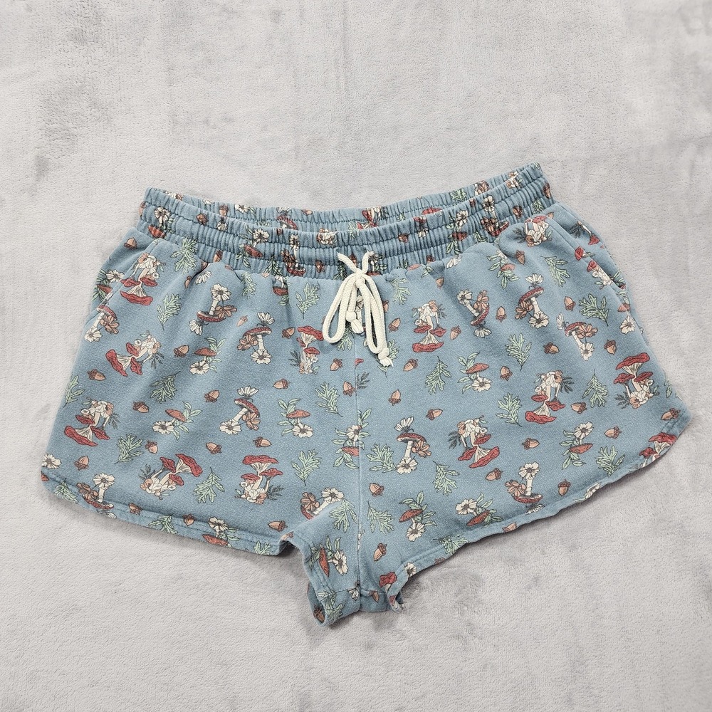Dip Shorts Womens XL Blue Mushroom Print Fleece Sleep Pajama Lounge Cute Nature